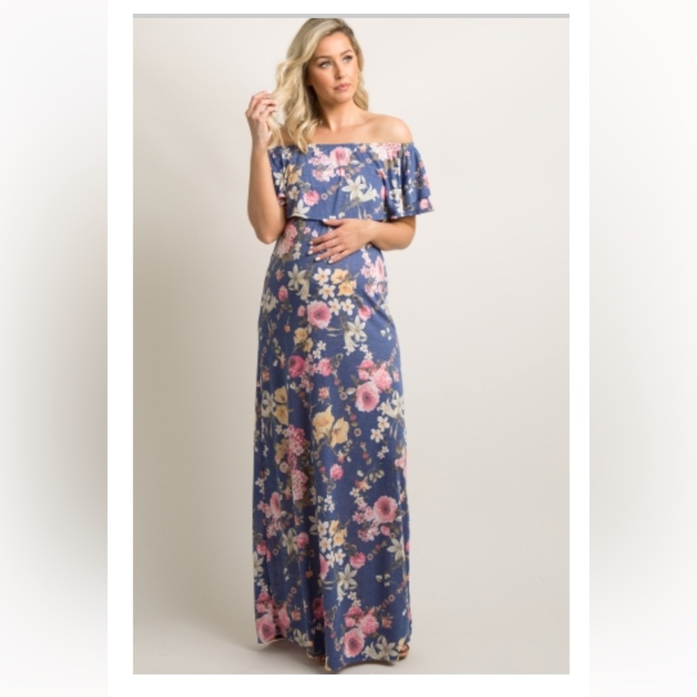 PinkBlush - Blue Floral Off Shoulder Maxi - Maternity